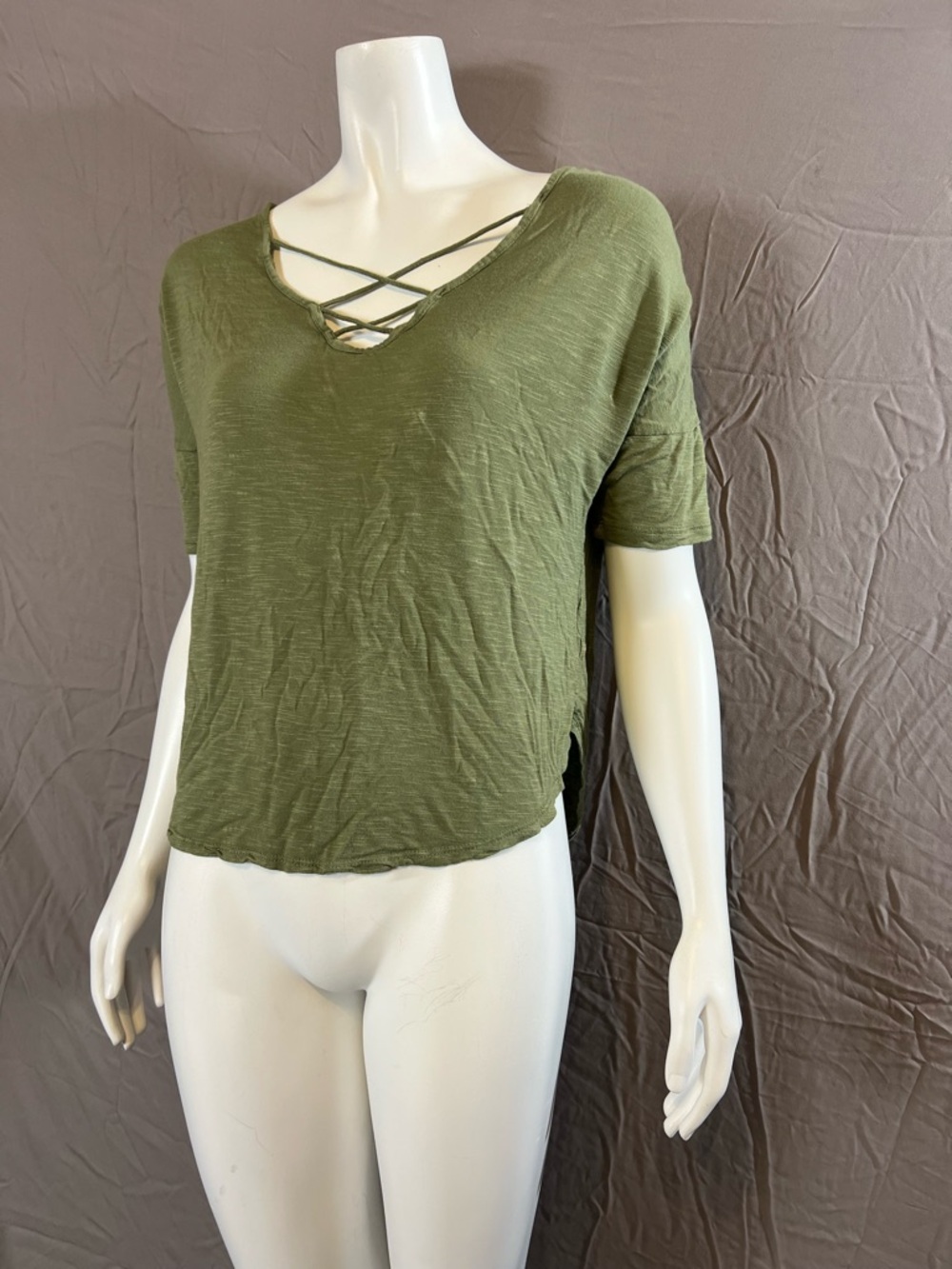 True Craft Olive Green Crisscross V-Neck Short Sleeve Top